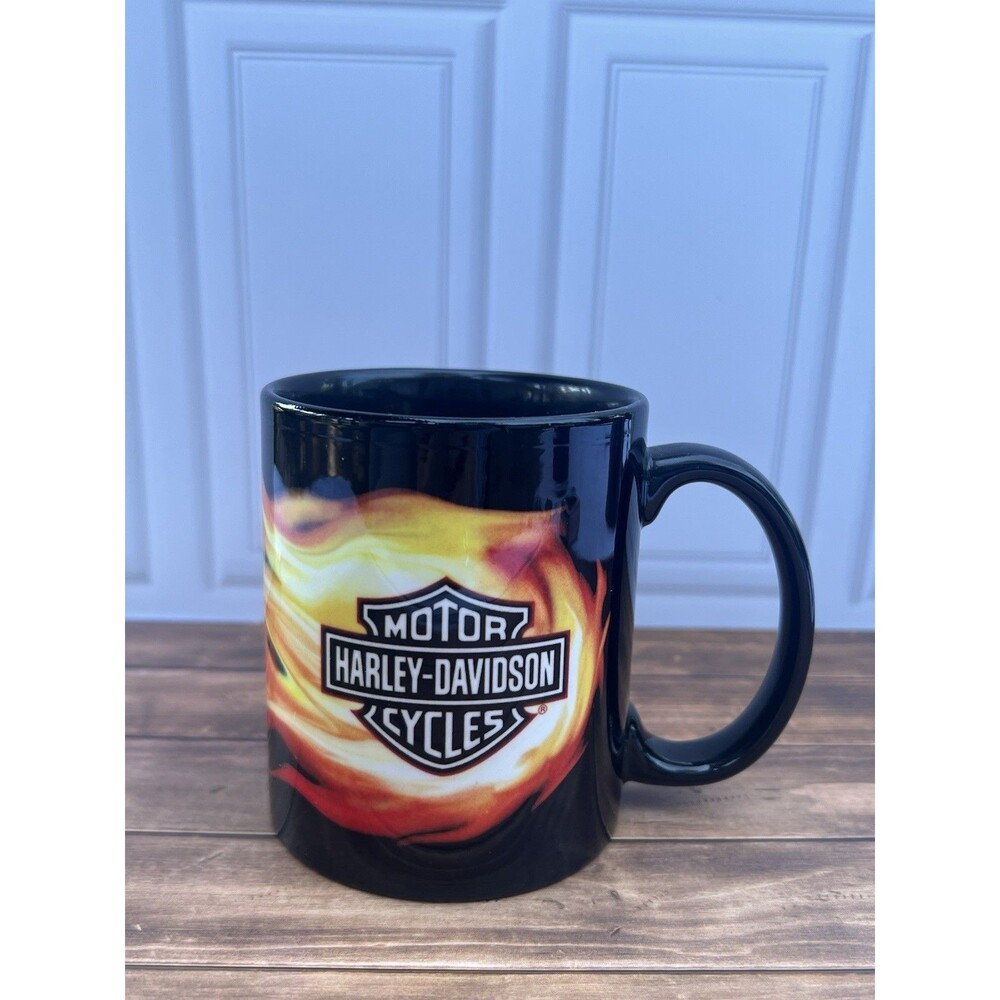 Y2K Harley Davidson Full Flame Coffee Mug Black Orange Bar & Shield Encore Group
